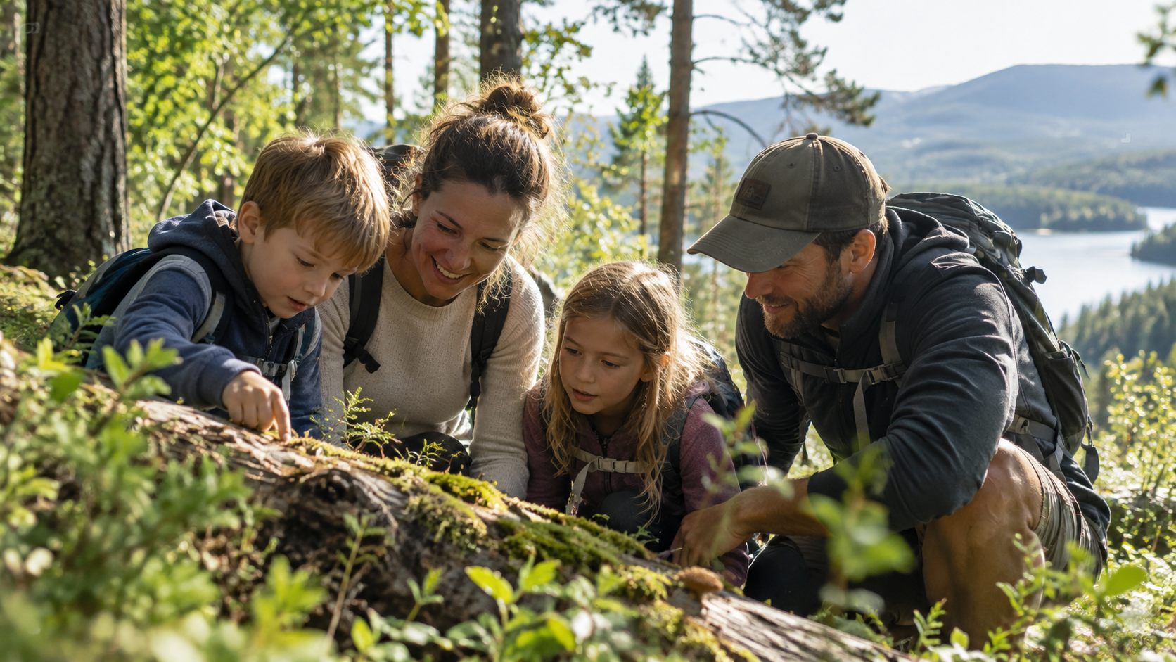 En familie som undersøker en mosegrov trestamme i norsk skog