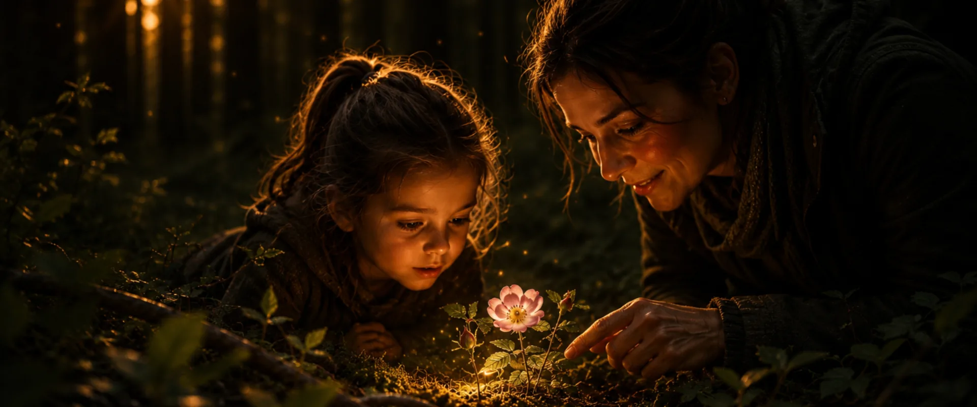 A mother and daughter discovering a flower in the forest at golden hour