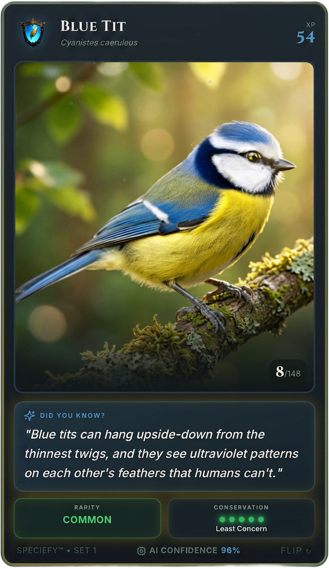 Speciefy app — Blue Tit collection card