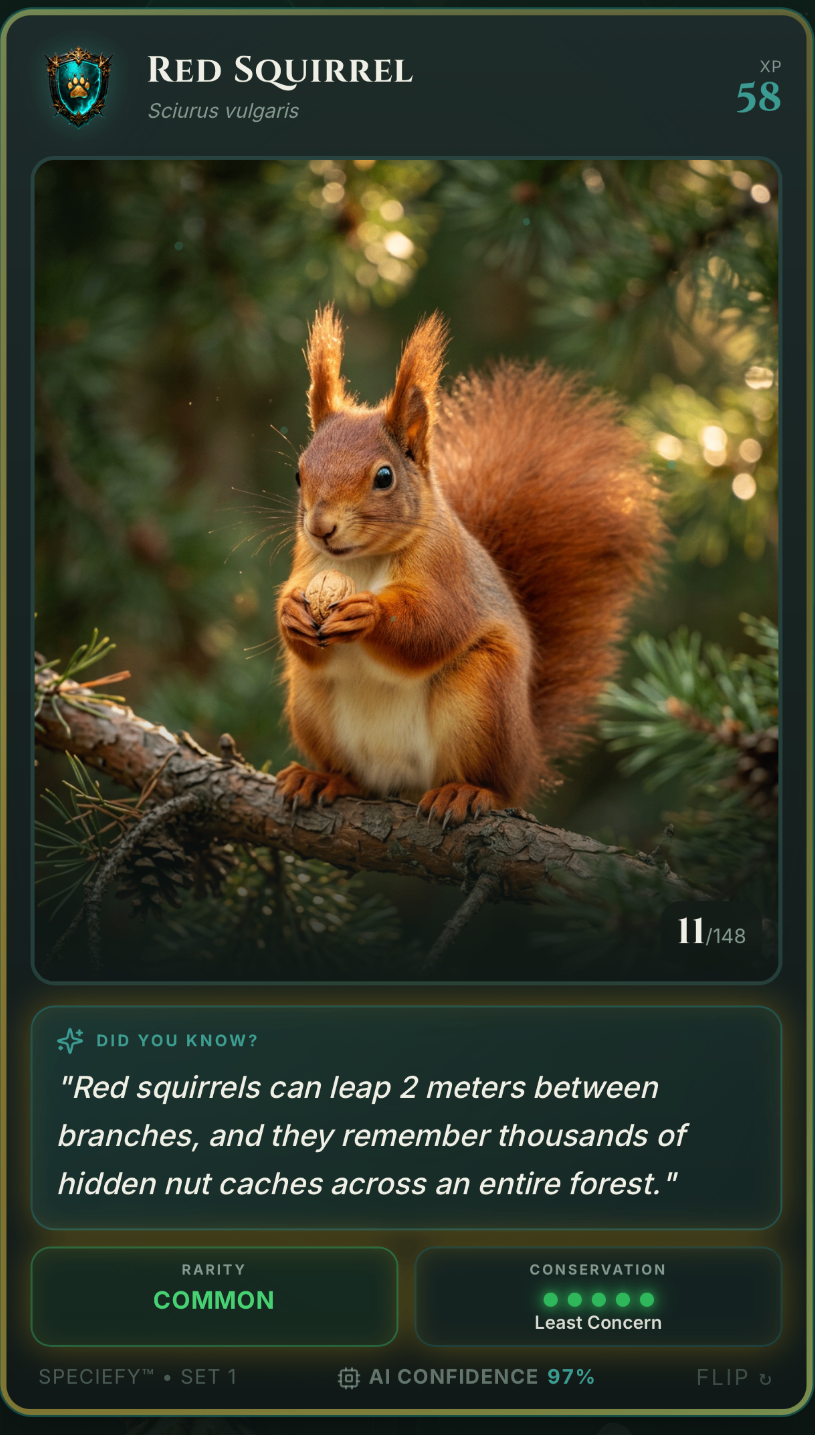 Speciefy app — Red Squirrel collection card