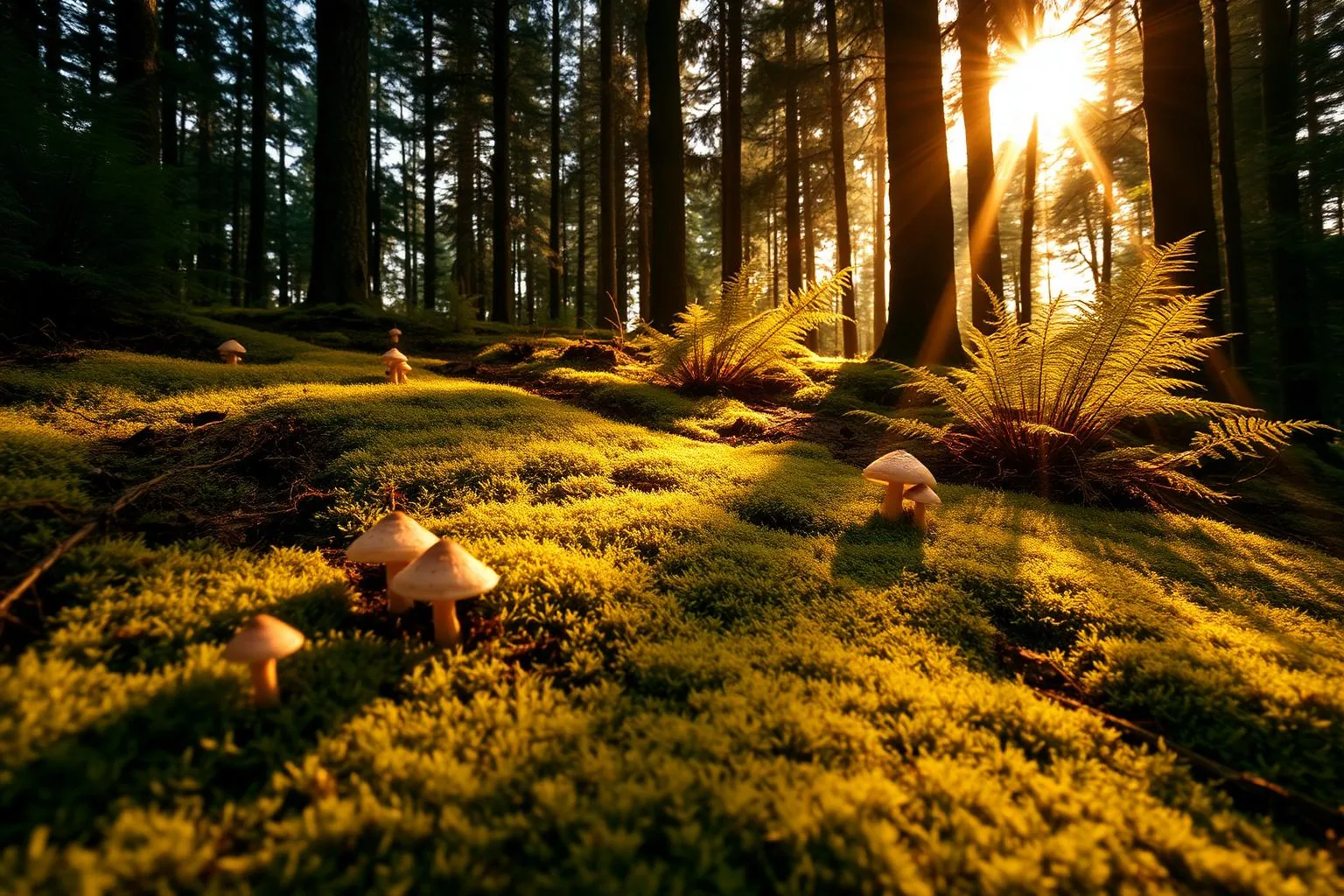 Soft forest floor with mushrooms growing under fallen leaves