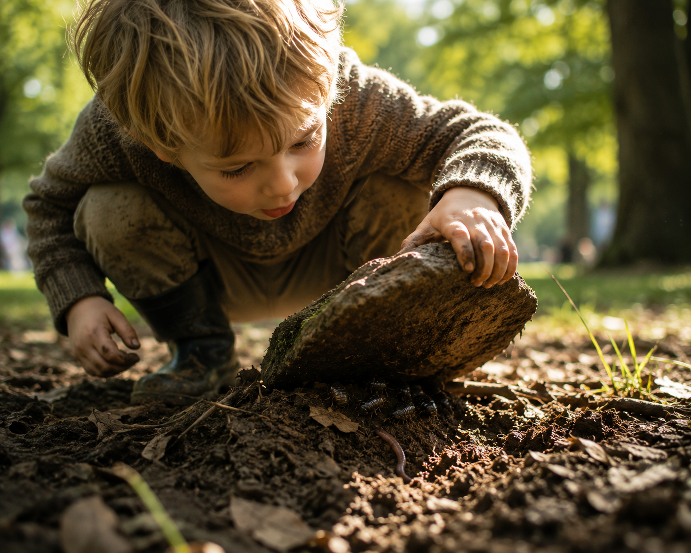 A young child crouched in the dirt, lifting a stone to discover insects and an earthworm underneath in soft golden light
