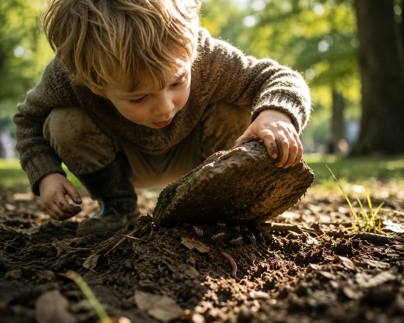 A young child crouched in the dirt, lifting a stone to discover insects and an earthworm underneath in soft golden light