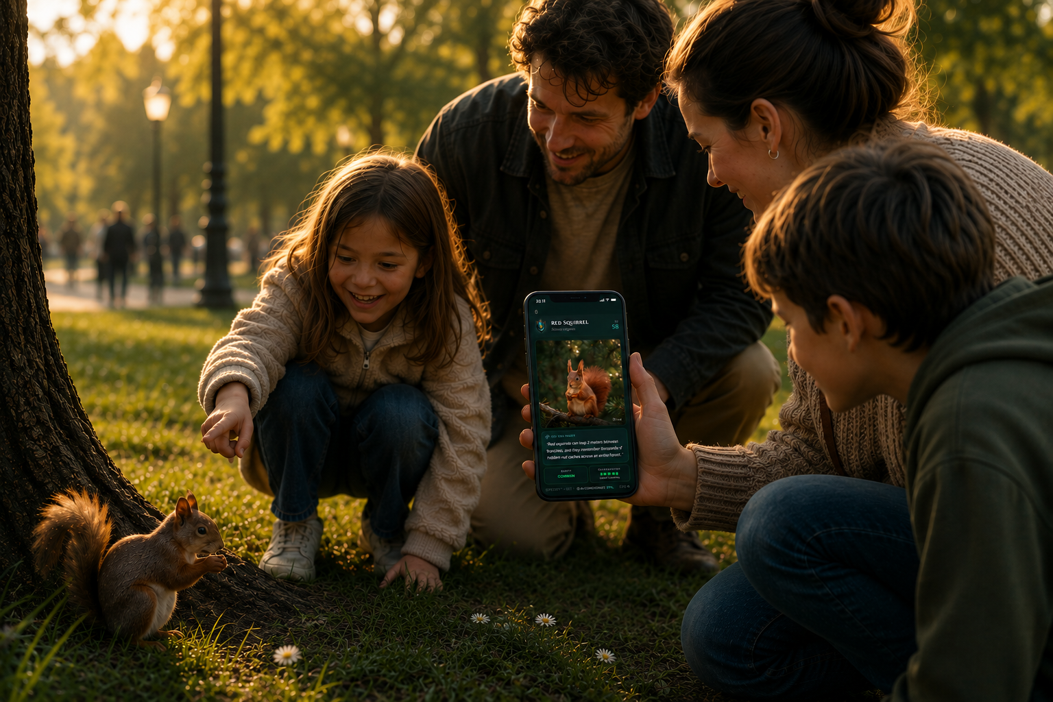 A family kneeling together in golden evening light, using a nature app on a phone as a red squirrel approaches from a nearby tree