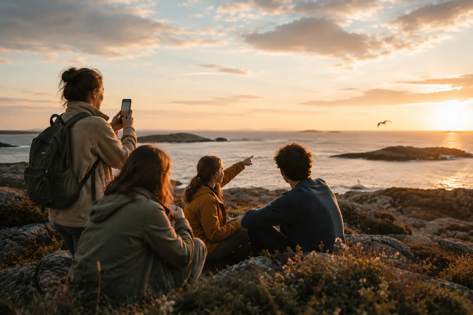 A group of friends watching the sunset over the sea from coastal rocks, one capturing a bird in flight with a phone