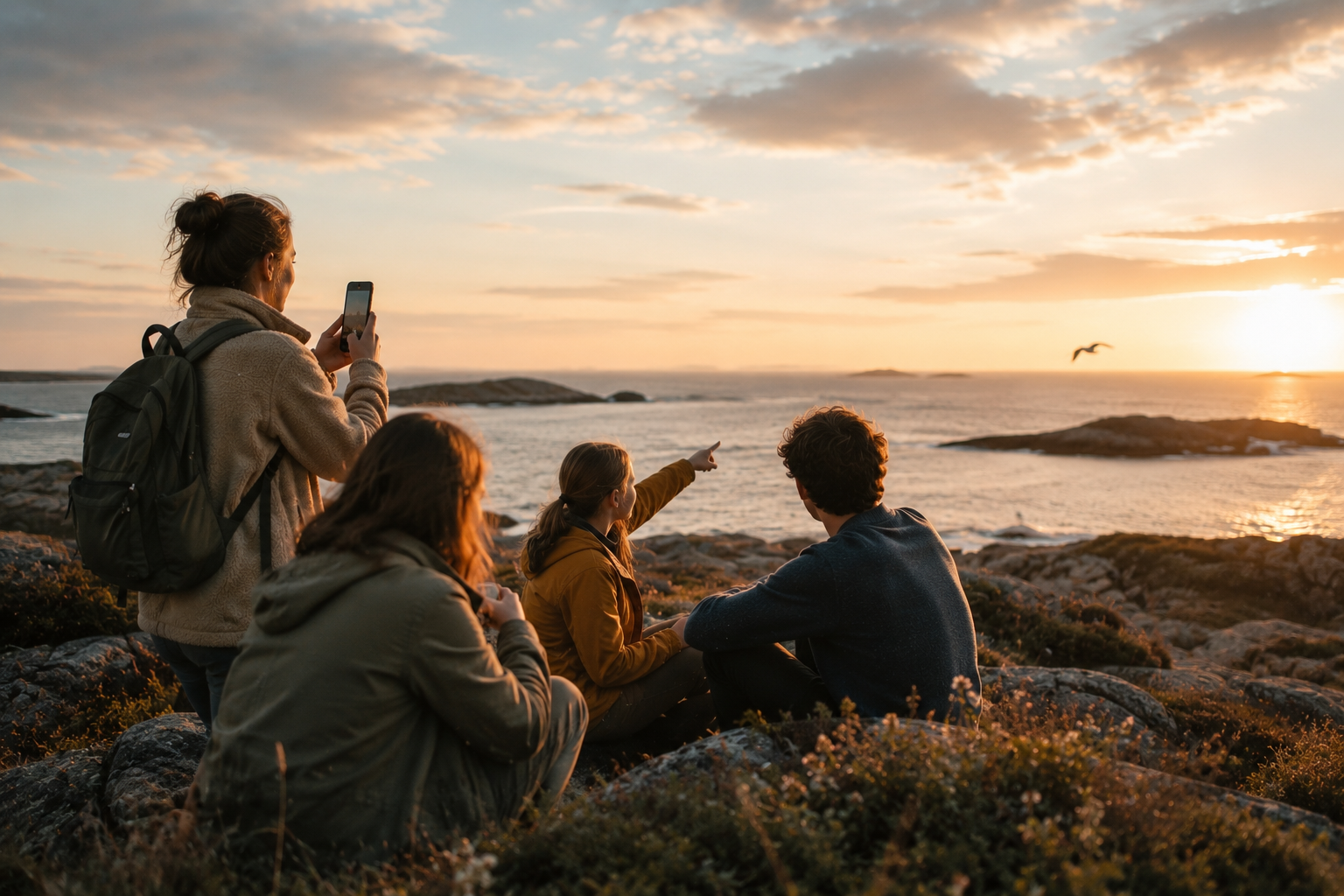 A group of friends watching the sunset over the sea from coastal rocks, one capturing a bird in flight with a phone