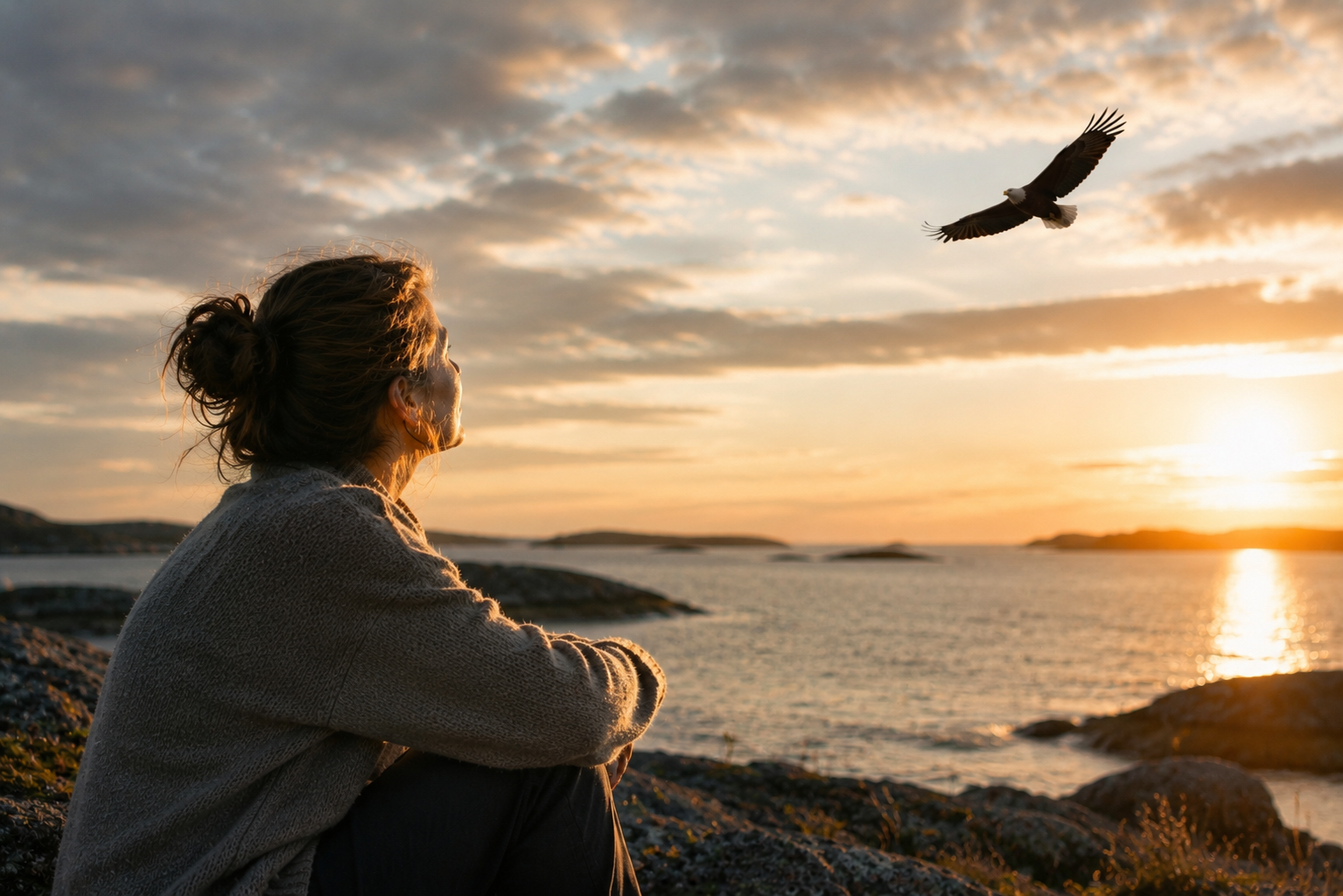 A woman sitting on coastal rocks at sunset, watching an eagle soar over a calm sea in golden evening light