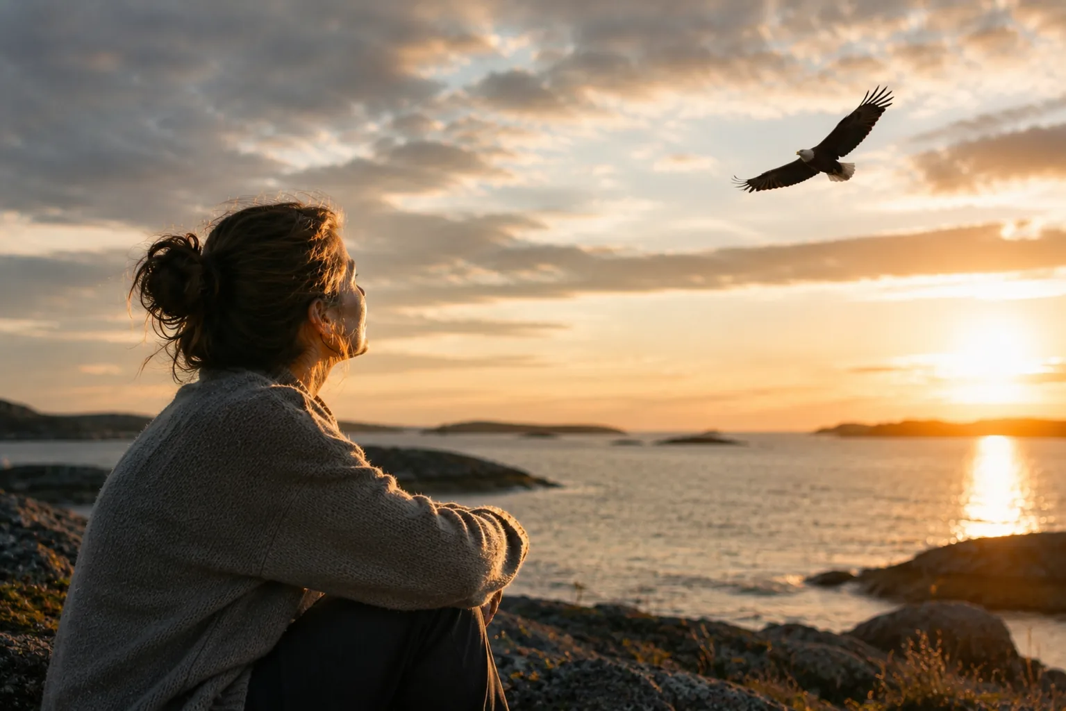 A woman sitting on coastal rocks at sunset, watching an eagle soar over a calm sea in golden evening light