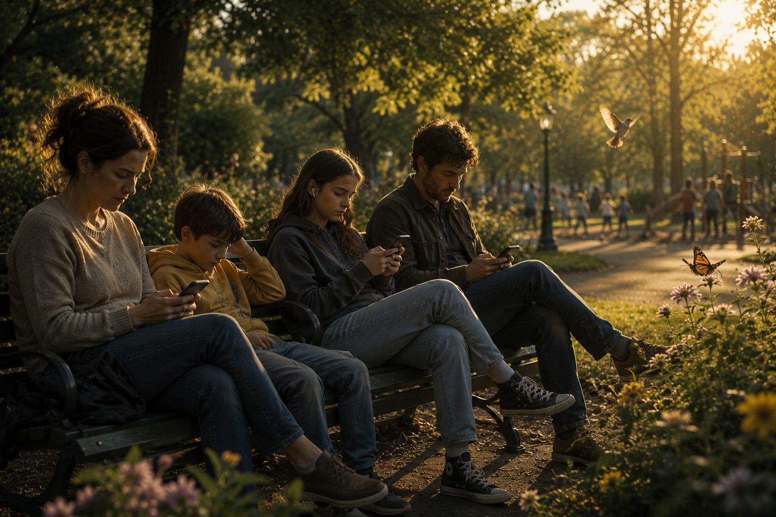 A family sitting on a park bench, each absorbed in their phones, while a butterfly and bird pass by unnoticed in the golden evening light