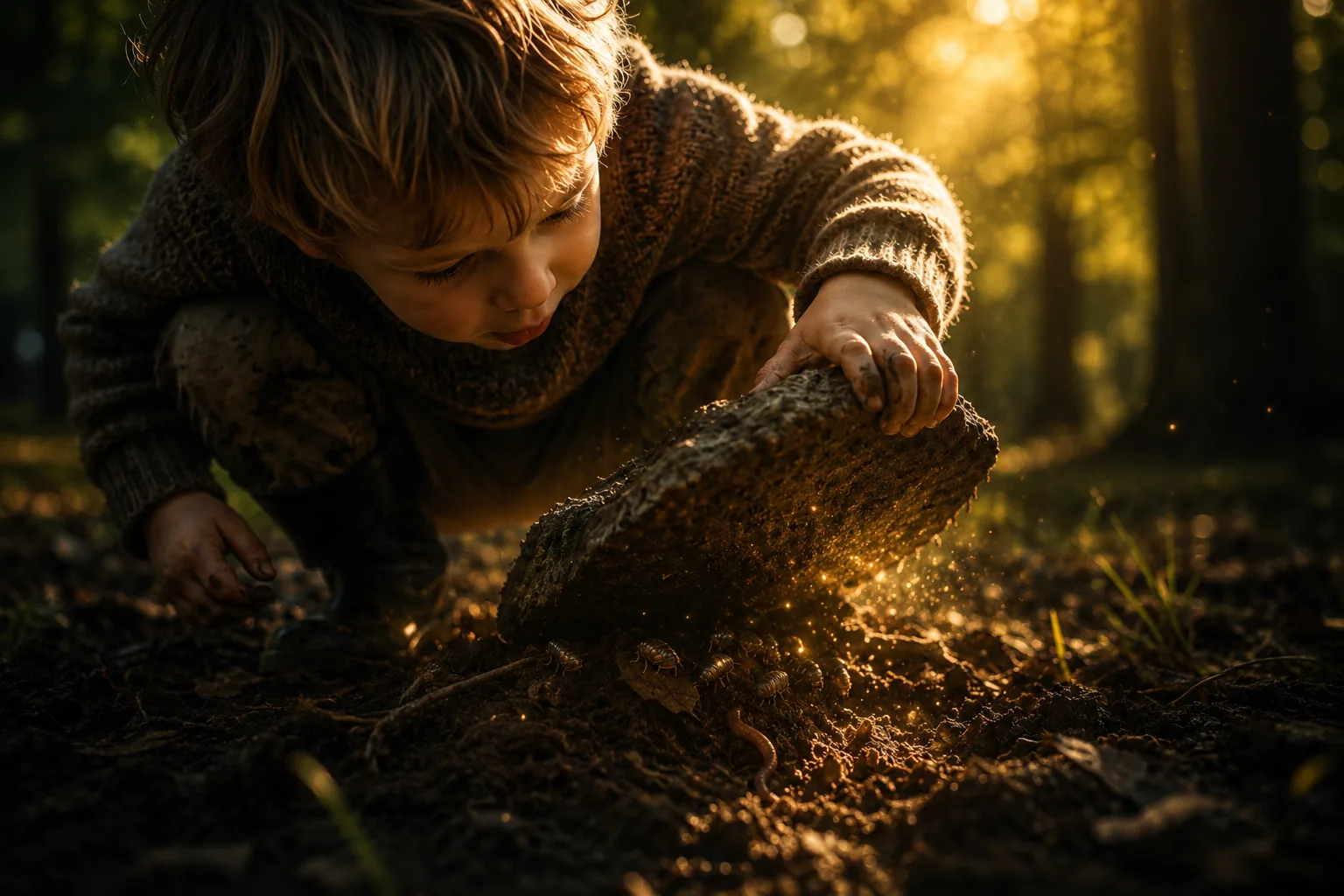 A curious child lifting a rock in the forest at golden hour, discovering small creatures underneath