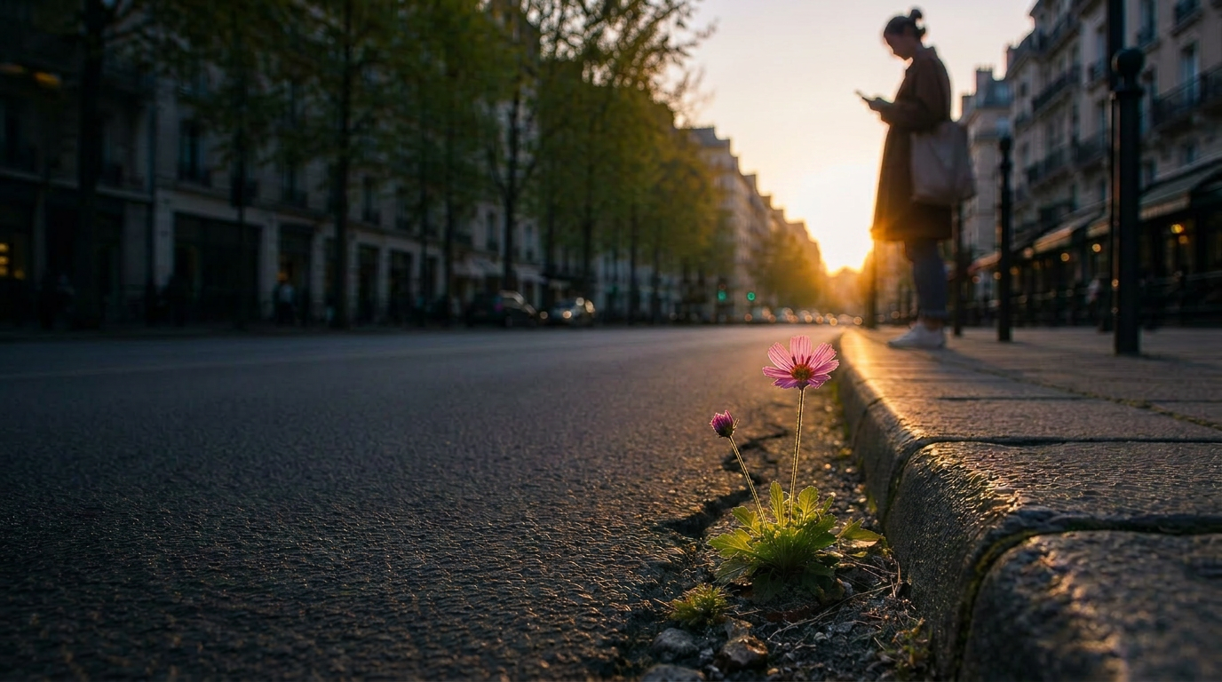 A small wildflower blooming through the cracks of a city sidewalk at sunset