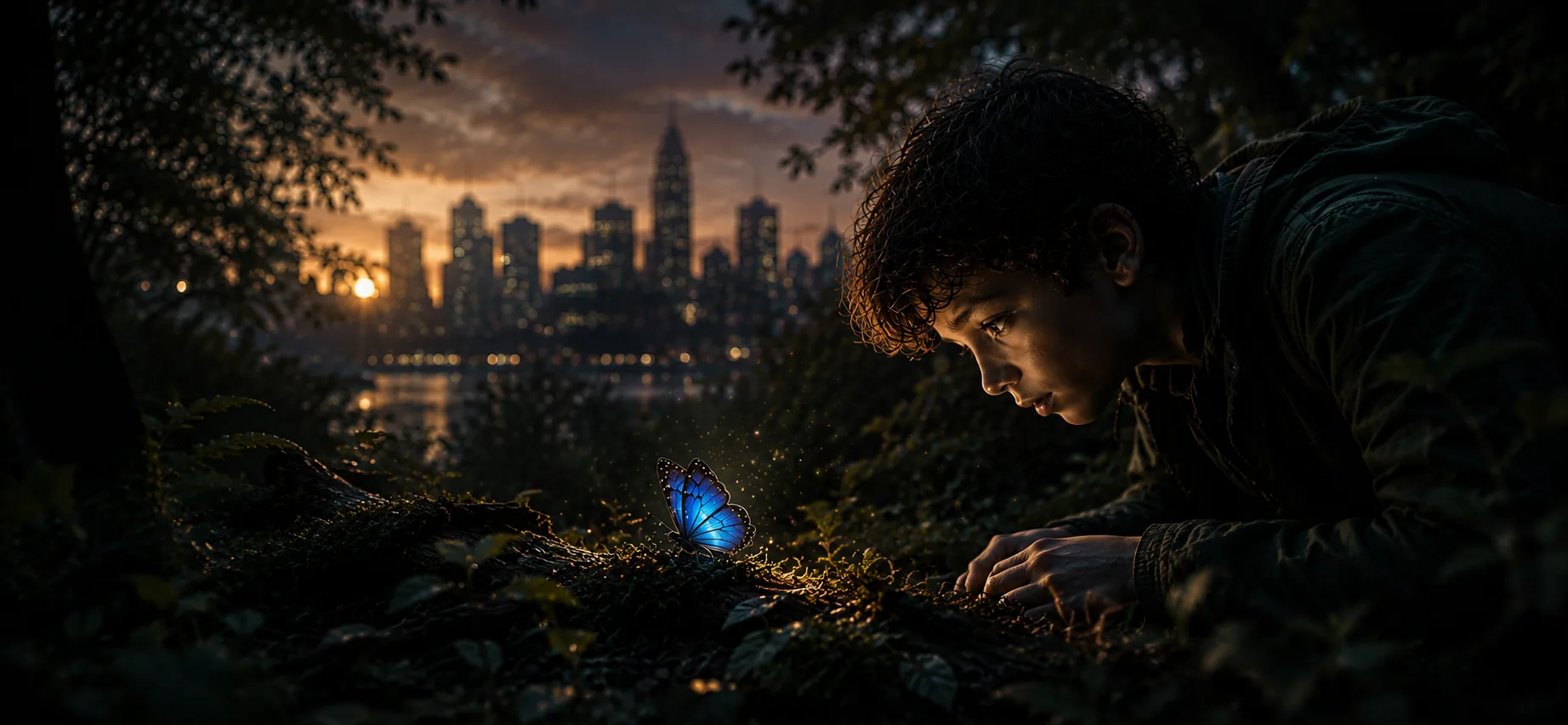 A boy discovering a glowing blue butterfly at dusk