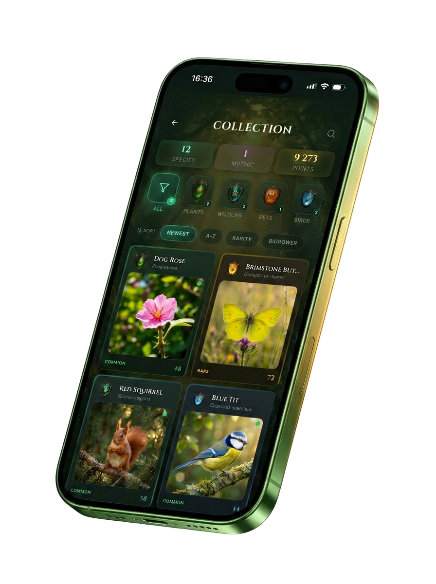 Speciefy app shown on a green iPhone — collection screen