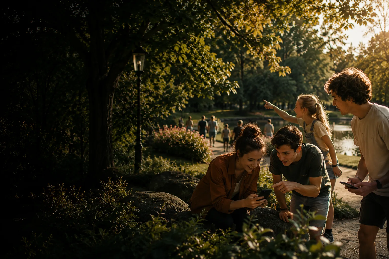Friends gathered around a glowing lantern at dusk