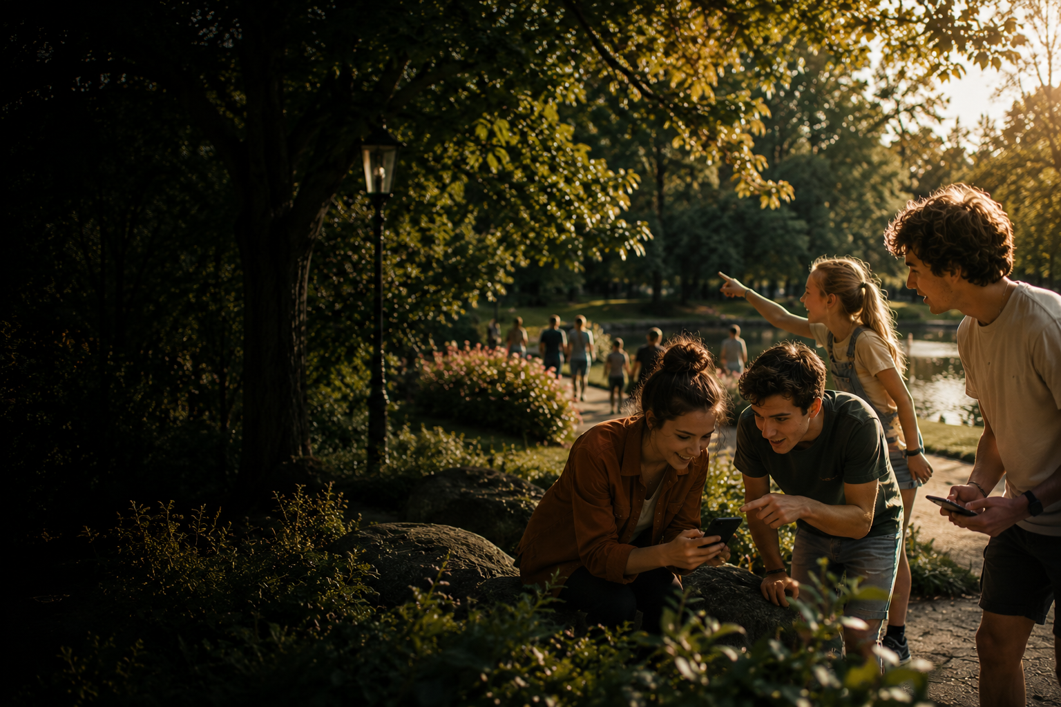 Friends gathered around a glowing lantern at dusk